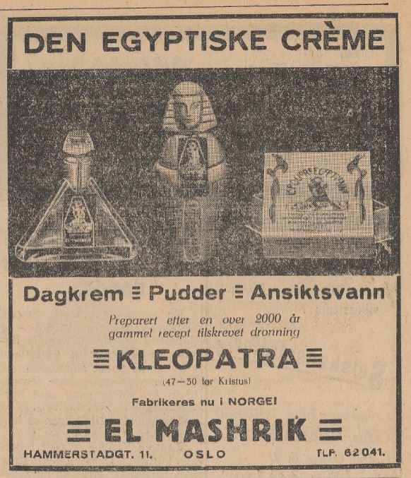 Reklameutklipp fra avisen Dagsposten i 1932 med bilde av Kleopatra-lignende statue og teksten "Den egypticske créme. Dagkrem, pudder, ansiktsvann."