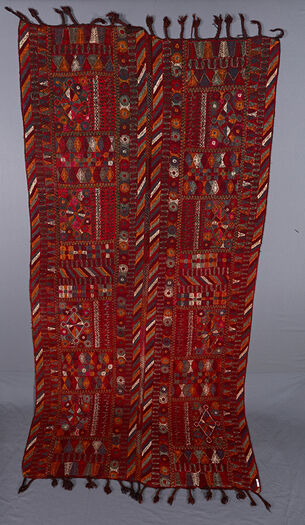(UEM49195) Triple border. Characteristic multi-colored diagonal lines pattern at the vertical edges of both panels. Each panel is divided into four sections with a central diamond motif. All around these are geometric patterns, flowers, and other vegetal motifs. Also a rider in one of the panels. The embroidery is lightly worked and does not completely cover the background cloth. Would seem that the background color is used as part of the decorative scheme. The fringes are plaited.