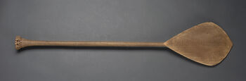 Museum number: UEM160
Material: Wood
Region and culture: Possible&amp;#160;French Polynesia
Description:&amp;#160;Wooden paddle most likely from Ra&#39;ivavae in the Austral Islands. Although the original catalogue text states that the paddle comes from Hervey Islands, comparison with other paddles indicates that it derives from the Austral Islands. What this object specifically was used for is difficult to determine. Comparing this object to similar paddles from the Austral Island, it is likely that this was a ceremonial paddle used for sacred performances - more precicely a dance paddle. The size, proportions and ornamentation renders the paddle unusable for canoes and therefore it may have had a much more ritualistic function.&amp;#160;&amp;#160;
How the paddle came into Fredrik Rings posession is hard to determine. His ship crew may have traded for it on their way from New Zealand to Valparaiso. It was donated to the Ethnographic Museum in 1833.&amp;#160;