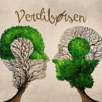 Illustration of two trees looking like two human heads toucing noses. The text "Verdibørsen" placed on top.