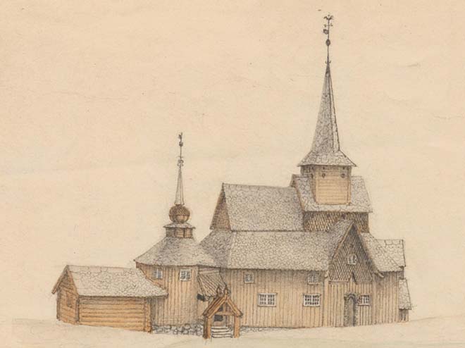 Painting of a stave church