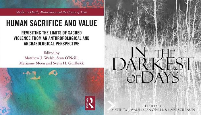 Book covers of two books witht the titles "In the darkest of days" and "Human sacrifice and value".