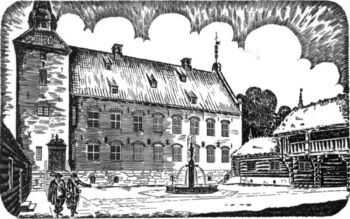 Rekonstruksjon av Sem herregård omkring 1643. Illustrasjon laget av E. Sørensen.