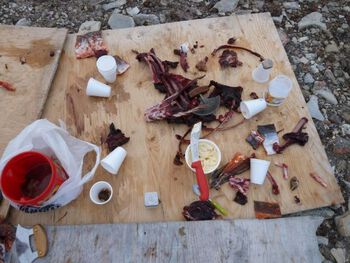 Rester av Igunaq (i den røde boksen) og annen festmat, Gjoa Haven høsten 2014.